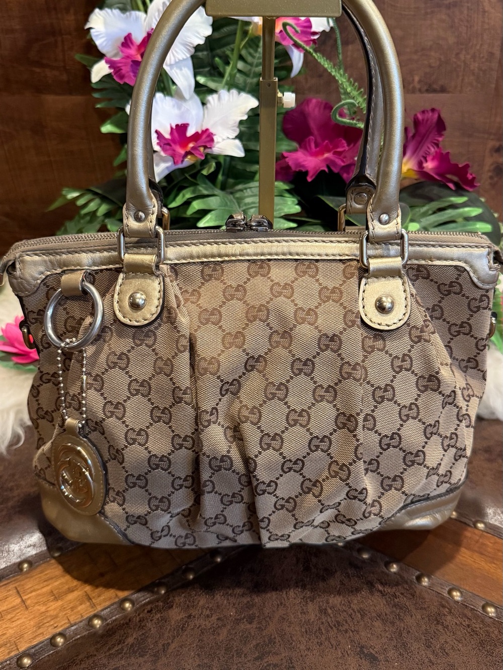Gucci Brown GG Monogram Top-Handle Shoulder Bag with Gold Hardware